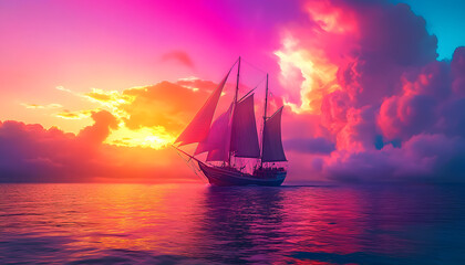 A ship is sailing in the ocean with a bright purple and pink color scheme