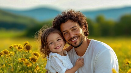 Obraz premium Happy Father and Daughter in Sunflower Field