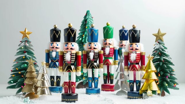 Nutcrackers and Christmas trees, traditional theme, colorful, isolated on white background
