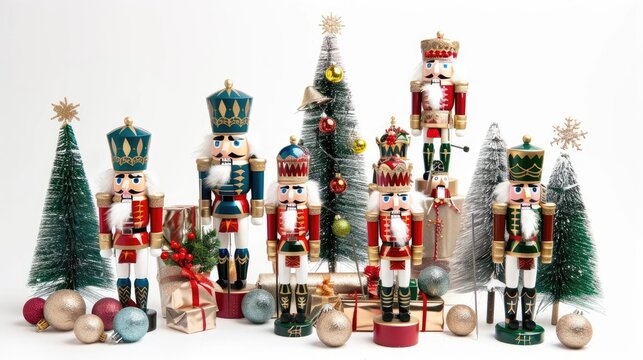 Nutcrackers and Christmas trees, traditional theme, colorful, isolated on white background