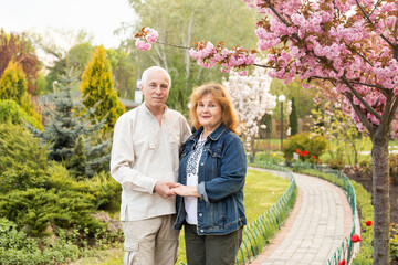 Senior couple in summer nature, senior couple relax in spring summer time near sakura blooming tree wearing Ukrainian embroidered shirt