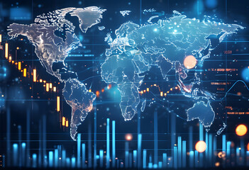 Obraz premium Blue background with world map outline, stock charts, graphs and sparkles. This image conveys data