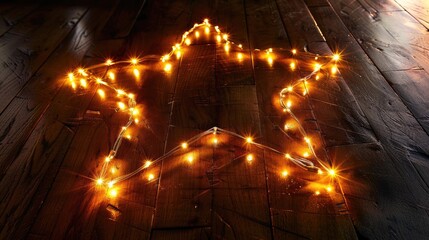 Fototapeta premium Sparkling Christmas lights forming a star on a dark wooden floor, a unique festive design, [Christmas lights], [holiday star]