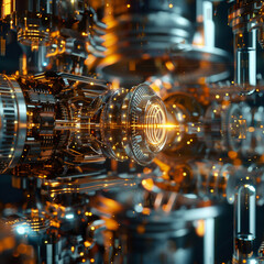 Futuristic quantum computing system with glowing circuits, complex connections, and data flows. Advanced technology visualization, representing quantum mechanics and high-performance computation.