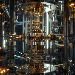 Futuristic quantum computing system with glowing circuits, complex connections, and data flows. Advanced technology visualization, representing quantum mechanics and high-performance computation.