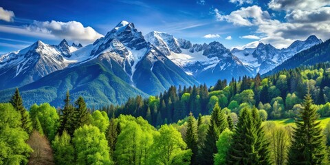 Fototapeta premium Beautiful mountain landscape with green trees, blue skies, and snow-capped peaks , nature, scenery, outdoors, mountains, landscape