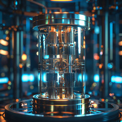Futuristic quantum computing system with glowing circuits, complex connections, and data flows. Advanced technology visualization, representing quantum mechanics and high-performance computation.