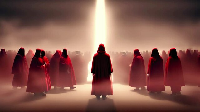 Mysterious figures in red cloaks gathered under a bright beam of light ritualistic ceremony hooded group mystical gathering shadowy environment spiritual scene secretive atmosphere enigmatic event