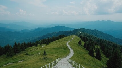A wide staircase ascends to an elegant stone garden, bordered by green meadows, pine trees, and a vast lawn extending towards distant mountains