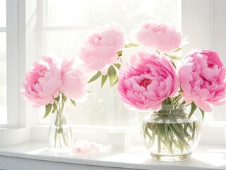 Pink and white peonies in a vase with sunbeams on the windowsill, set against a white background for a room or backdrop for a product presentation