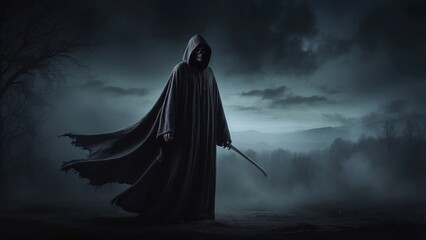 Grim Reaper in a Foggy Landscape