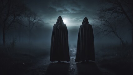 Two Figures in Hooded Robes Walking Through a Foggy Forest at Night