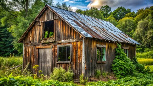Rustic wooden barn with worn wooden boards, old metal roof, and a single large window with a torn screen, surrounded by lush greenery. - Powered by Adobe