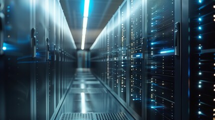 Fototapeta premium Modern data center with advanced server racks illuminated by blue lights, showcasing high-tech infrastructure. The corridor between the servers creates a sense of depth and security.