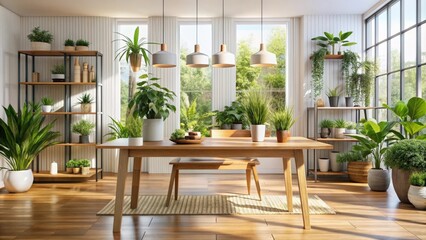 Fototapeta premium A modern wooden table in a bright room with plants and decorations, furniture, interior design, home decor, dining room
