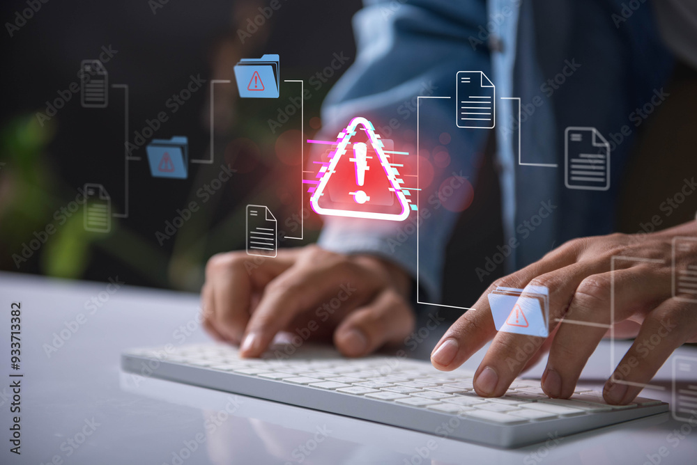 Aufkleber Warning alert icon with a hacked document system.Hands typing on a keyboard with a red cybersecurity threat alert, surrounded by digital files and documents.