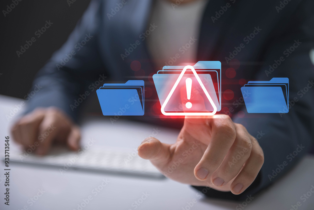 Poster Cybersecurity alert with digital file folder. hand interacting with a cybersecurity alert symbol. malicious software, virus, spyware, malware, or cyberattacks on computer networks.