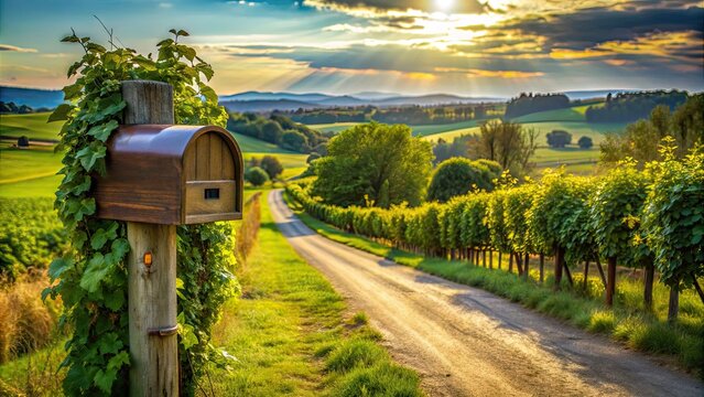 Rustic wooden mailbox stands alone on a rural roadside, adorned with vines and surrounded by lush greenery, awaiting letters amidst the serene countryside landscape. - Powered by Adobe