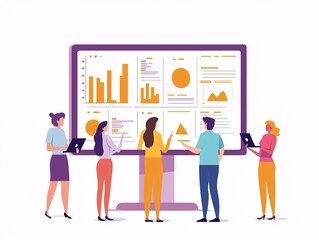 Fototapeta premium Digital Marketing Team Analyzing Growth Data on a Big Screen in Flat Illustration Style