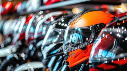 Fototapeta premium Close-up of motorcycle helmets displayed in a showroom for sale.