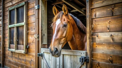 Rustic wooden stall door slightly ajar, revealing a majestic horse's gentle face and curious eyes, set against a soft, natural light-filled barn interior.