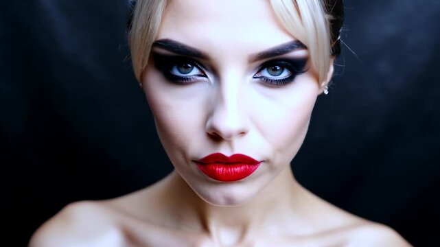 Beautiful blonde woman with red devil horns in her hair is posing for a fashion photoshoot, showcasing dramatic makeup and an intense gaze