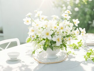 Summer a white table and delicately sunlight flowers