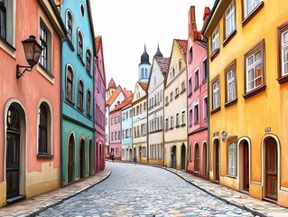 Fototapeta premium Charming European Street Scene Featuring Colorful Buildings and Cobblestone Roads Alive wi