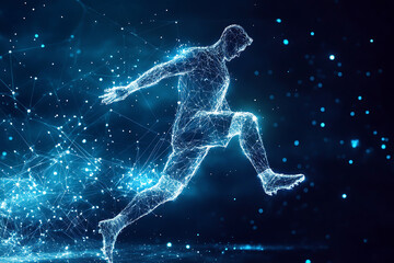 An abstract digital background showcasing a soccer player in motion, highlighted by dynamic shapes and vibrant colors