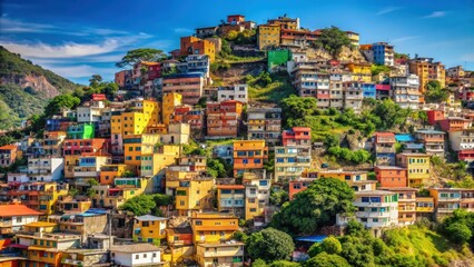Overlooking view of a colorful favela on a hillside in Rio de Janeiro , Brazil, slum, hillside, poverty