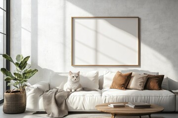 Minimalist living room with cat. Perfect for home decor, interior design, or lifestyle blogs.