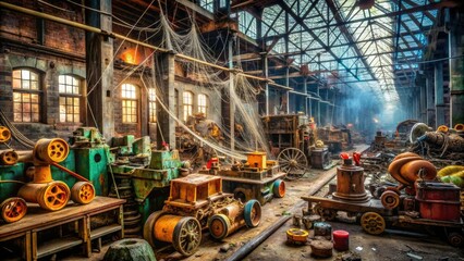 Rusty machinery and cobweb-covered toy molds fill a dimly lit, abandoned factory, evoking a nostalgic sense of forgotten joy and industrial decay.