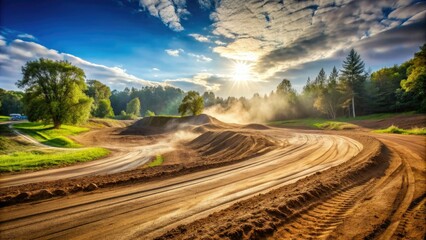 Rutted dirt motocross track shows off freshly ridden motorbike tire tracks, grooved and curved, amidst a cloud of dirt and dust in a sunny outdoor setting.