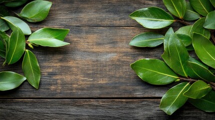 Obraz premium Bay leaves on rustic wooden background. Perfect for cooking, food, and nature themes.