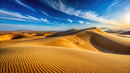Naklejka premium Sandy dunes stretch towards the horizon under a clear blue sky in a serene and vast North African desert landscape.
