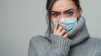 Worried woman adjusting face mask