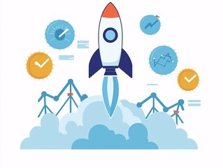 Rocket Ship Ascending Through Clouds with Growth Charts Illustrating Startup Acceleration 