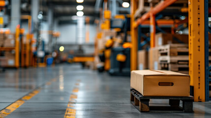 Fototapeta premium A single cardboard box sits on a pallet in an organized, modern warehouse environment, representing logistics and inventory management.