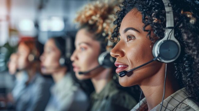 A close-up of diverse female customer service agents with headsets in an office environment, engaged in a training session, perfect for teamwork or corporate training visuals.
