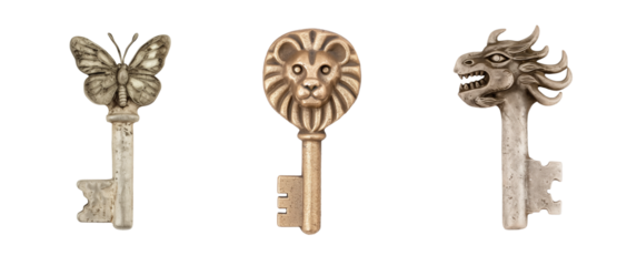 Set of unique retro style keys with animal symbols.