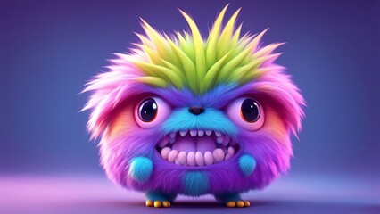 Obraz premium 3d cute furry monster,3d cartoon character. little Cute blue furry monster 3D cartoon character