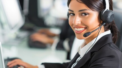 A Hispanic female customer service agent smiling while wearing a headset, representing customer support in a professional office environment, ideal for business or service industry visuals.
