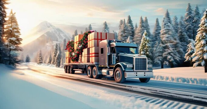 Christmas new year gift delivery shipping, lorry cargo truck transport with large wrapped presents driving on road against winter snowing landscape, concept of logistic send ship courier service