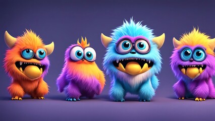 Fototapeta premium 3d cute furry monster,3d cartoon character. little Cute blue furry monster 3D cartoon character