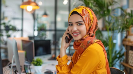 A Middle Eastern woman in a vibrant hijab smiling while on the phone in a modern office, perfect for corporate, customer service, or professional workplace visuals.
