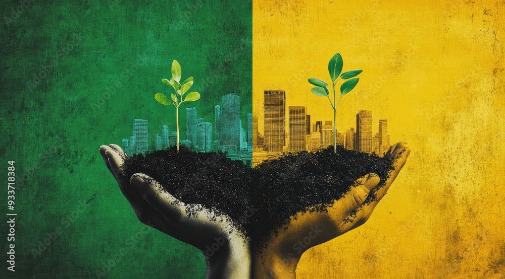 Wall mural an eco-friendly poster with two contrasting color backgrounds, one green and the other yellow featur