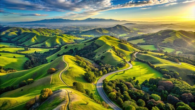 Scenic aerial view of Mount Diablo State Park in Contra Costa County, California, featuring lush green hills, winding roads, and sun-kissed landscape.