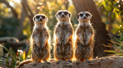Fototapeta premium Photograph of three small, brown Australian marmosets standing close together in a natural setting.