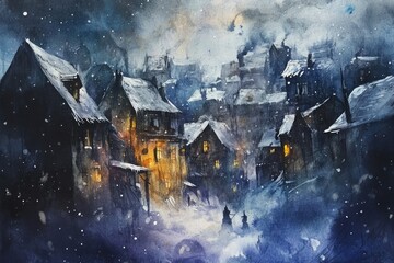 Snowy Night in a Quaint European Village