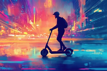 A silhouette of modern man riding on electrical kick scooter in lights of the night city. Paint style image. 